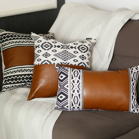Bohemian Vegan Faux Leather Throw Pillow Covers - Half Ornamented