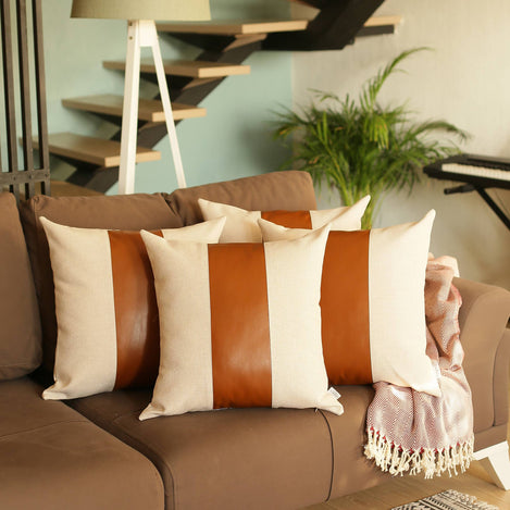 Bohemian Vegan Faux Leather Detailed Throw Pillow Set