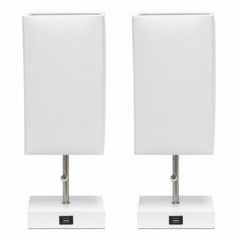 Simple Designs Petite White Stick Lamp with USB Charging Port and Fabric Shade 2 Pack Set