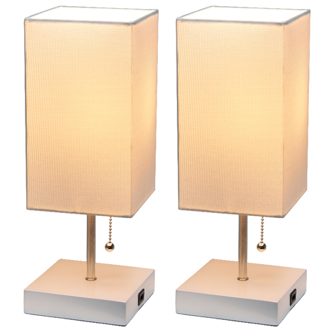 Simple Designs Petite White Stick Lamp with USB Charging Port and Fabric Shade 2 Pack Set