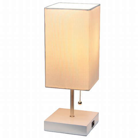 Simple Designs Petite White Stick Lamp with USB Charging Port and Fabric Shade