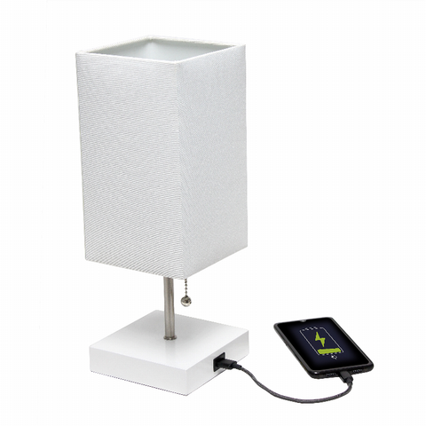 Simple Designs Petite White Stick Lamp with USB Charging Port and Fabric Shade