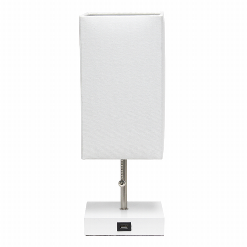 Simple Designs Petite White Stick Lamp with USB Charging Port and Fabric Shade