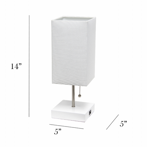 Simple Designs Petite White Stick Lamp with USB Charging Port and Fabric Shade
