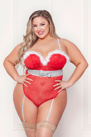 Rhinestone Studded Mesh Teddy With Marabou Trim - Red