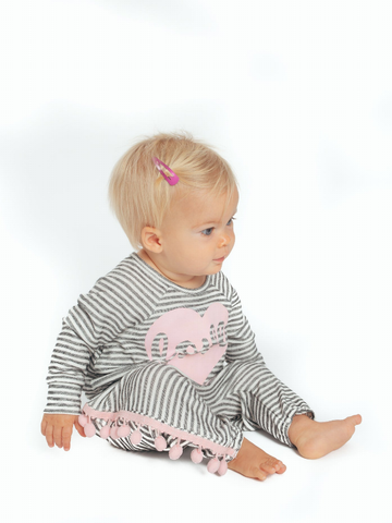 Striped "Love Heart" Pullover + Dropped Crotch Pants With Pom Pom Trim Set