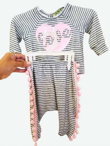 Striped "Love Heart" Pullover + Dropped Crotch Pants With Pom Pom Trim Set