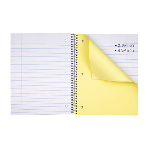 3-Subject Notebook, Wide Ruled, 120 Sheets, Assorted Colors, Pack of 3