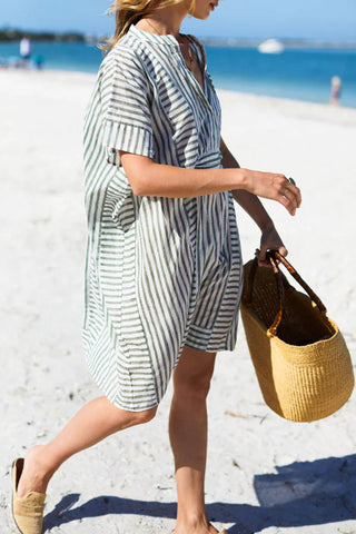Striped Notched Short Sleeve Mini Dress