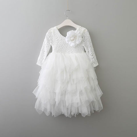 Girls Lace Dress Flower Tiered Tulle Maxi Dress Long Sleeve Princess For Wedding Party Children Clothes 1-10Y E17104