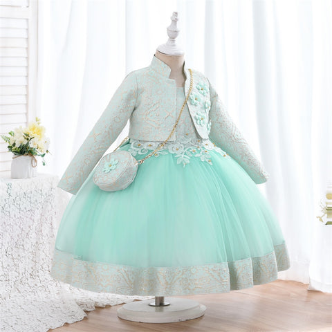 Yoliyolei 3pcs/set Puffy Dress for Girls Jacquard Pattern Tulle Patchwork Children Clothing 3D Appliques Casual Birthday Dresses