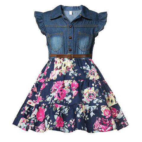 Summer Girls Denim Floral Dress Baby Kids Fashion Outfit Party Dress with Rose 2-10Y Children Flying Short Sleeve Casual Clothes