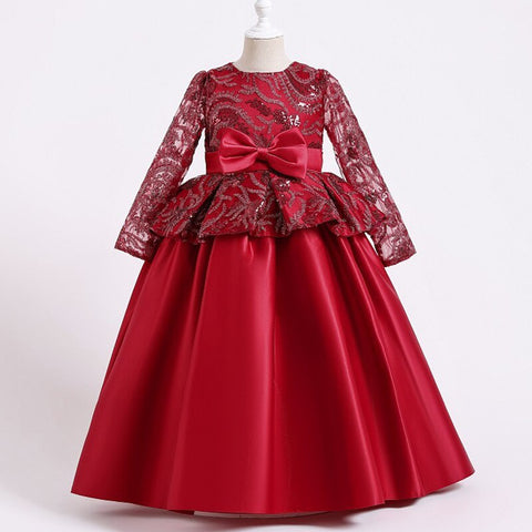 Children's Satin Bowknot Printed Princess Dress for Flower Girl Wedding Birthday Party Kids Long Sleeve First Communion Costume