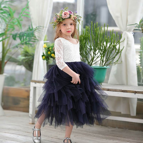 Girls Lace Dress Flower Tiered Tulle Maxi Dress Long Sleeve Princess For Wedding Party Children Clothes 1-10Y E17104