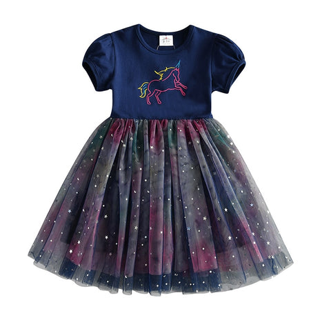 Kids Sleeveless Lace Drsses for Girls Party Dress Unicorn Embroidery Birthday Tutu Dresses Children Casual Wear Summer Vestidos