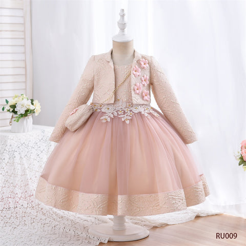 Yoliyolei 3pcs/set Puffy Dress for Girls Jacquard Pattern Tulle Patchwork Children Clothing 3D Appliques Casual Birthday Dresses