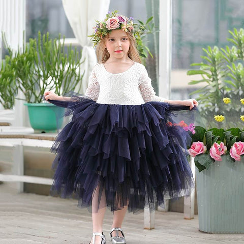 Girls Lace Dress Flower Tiered Tulle Maxi Dress Long Sleeve Princess For Wedding Party Children Clothes 1-10Y E17104