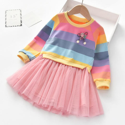 Baby Girls Dress Princess Autumn Sweater Fleece Gauze Tutu Dresses Children Clothing Long Sleeve Rainbow Stripes Dress For Girls