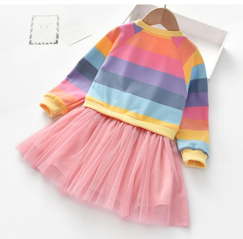 Baby Girls Dress Princess Autumn Sweater Fleece Gauze Tutu Dresses Children Clothing Long Sleeve Rainbow Stripes Dress For Girls