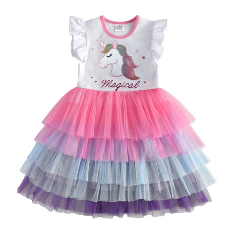Kids Sleeveless Lace Drsses for Girls Party Dress Unicorn Embroidery Birthday Tutu Dresses Children Casual Wear Summer Vestidos