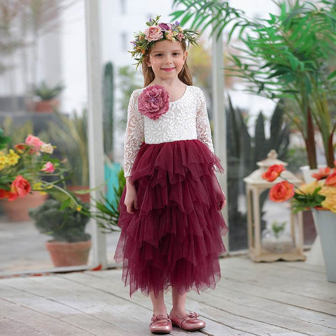 Girls Lace Dress Flower Tiered Tulle Maxi Dress Long Sleeve Princess For Wedding Party Children Clothes 1-10Y E17104