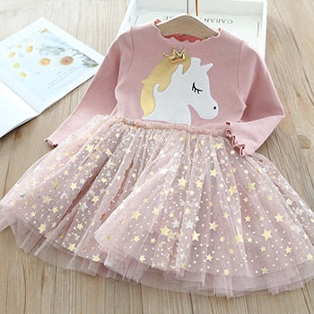 Baby Girl Cute Unicorn Dresses Spring Thin Style Knitted Girls Dress Christmas Party Star Mesh Princess Dress Children Clothing