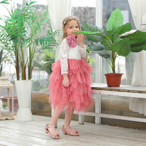 Girls Lace Dress Flower Tiered Tulle Maxi Dress Long Sleeve Princess For Wedding Party Children Clothes 1-10Y E17104
