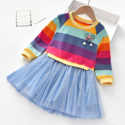 Baby Girls Dress Princess Autumn Sweater Fleece Gauze Tutu Dresses Children Clothing Long Sleeve Rainbow Stripes Dress For Girls