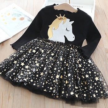 Baby Girl Cute Unicorn Dresses Spring Thin Style Knitted Girls Dress Christmas Party Star Mesh Princess Dress Children Clothing
