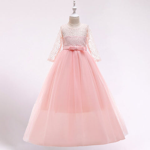 Children's Satin Bowknot Printed Princess Dress for Flower Girl Wedding Birthday Party Kids Long Sleeve First Communion Costume