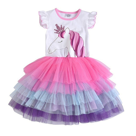 Kids Sleeveless Lace Drsses for Girls Party Dress Unicorn Embroidery Birthday Tutu Dresses Children Casual Wear Summer Vestidos