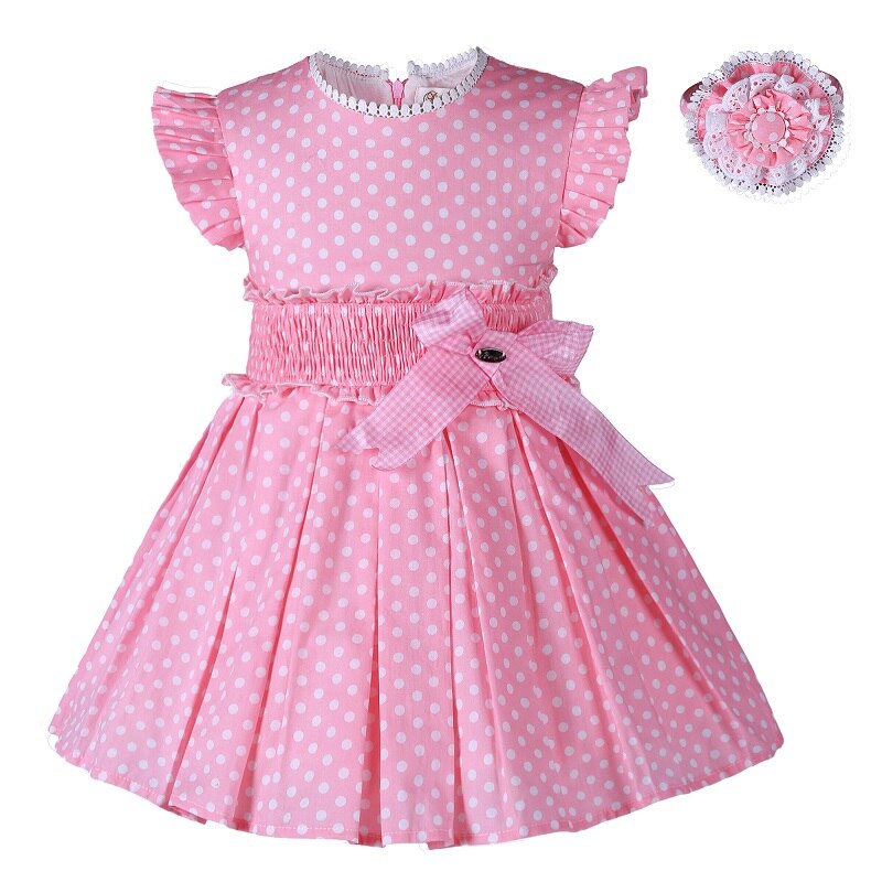 Pettigirl New Kids Princess Dresses for Baby Girls Summer Cotton Pink Polka Dot Dresses Clothese Size 2345681012Years & Hairband