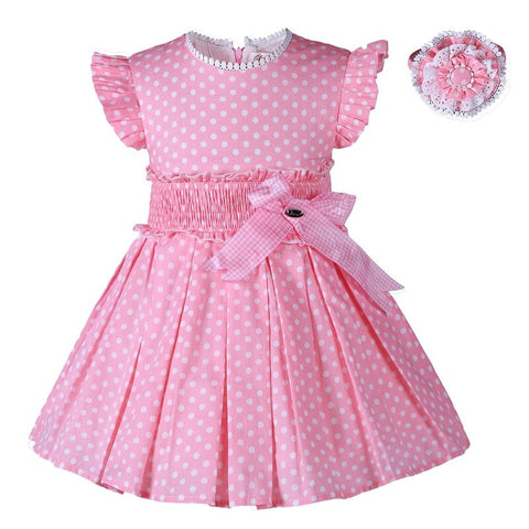Pettigirl New Kids Princess Dresses for Baby Girls Summer Cotton Pink Polka Dot Dresses Clothese Size 2345681012Years & Hairband