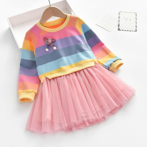 Baby Girls Dress Princess Autumn Sweater Fleece Gauze Tutu Dresses Children Clothing Long Sleeve Rainbow Stripes Dress For Girls
