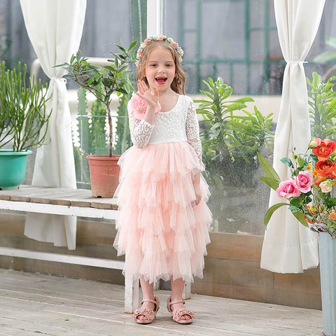 Girls Lace Dress Flower Tiered Tulle Maxi Dress Long Sleeve Princess For Wedding Party Children Clothes 1-10Y E17104