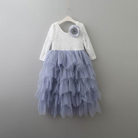 Girls Lace Dress Flower Tiered Tulle Maxi Dress Long Sleeve Princess For Wedding Party Children Clothes 1-10Y E17104
