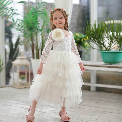 Girls Lace Dress Flower Tiered Tulle Maxi Dress Long Sleeve Princess For Wedding Party Children Clothes 1-10Y E17104