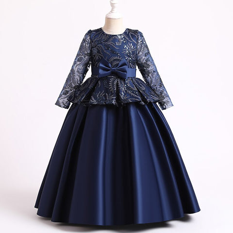 Children's Satin Bowknot Printed Princess Dress for Flower Girl Wedding Birthday Party Kids Long Sleeve First Communion Costume