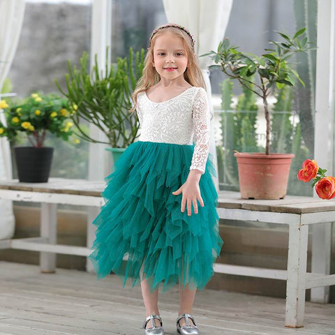 Girls Lace Dress Flower Tiered Tulle Maxi Dress Long Sleeve Princess For Wedding Party Children Clothes 1-10Y E17104