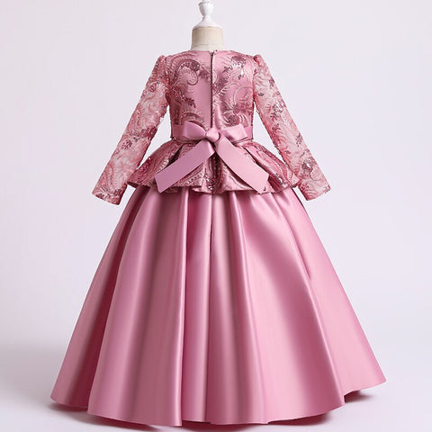 Children's Satin Bowknot Printed Princess Dress for Flower Girl Wedding Birthday Party Kids Long Sleeve First Communion Costume