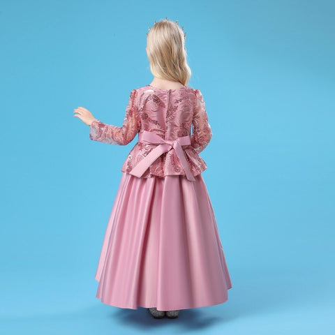 Children's Satin Bowknot Printed Princess Dress for Flower Girl Wedding Birthday Party Kids Long Sleeve First Communion Costume
