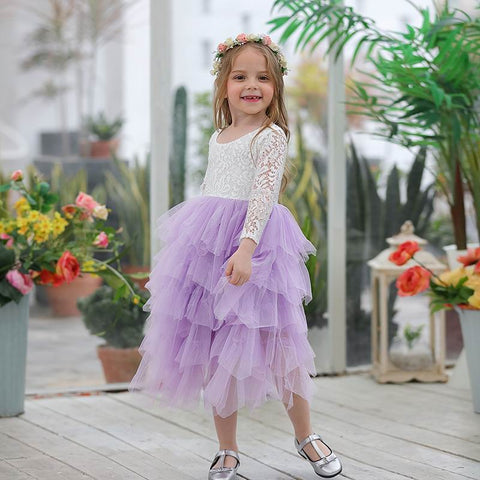 Girls Lace Dress Flower Tiered Tulle Maxi Dress Long Sleeve Princess For Wedding Party Children Clothes 1-10Y E17104