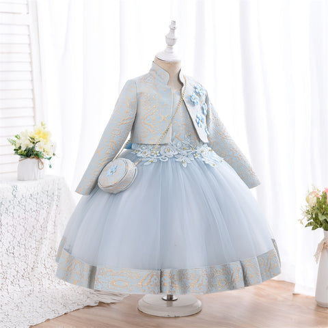 Yoliyolei 3pcs/set Puffy Dress for Girls Jacquard Pattern Tulle Patchwork Children Clothing 3D Appliques Casual Birthday Dresses