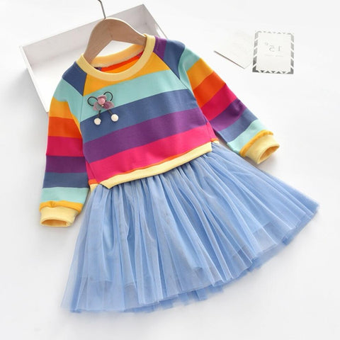 Baby Girls Dress Princess Autumn Sweater Fleece Gauze Tutu Dresses Children Clothing Long Sleeve Rainbow Stripes Dress For Girls