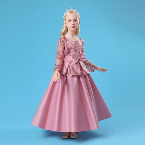Children's Satin Bowknot Printed Princess Dress for Flower Girl Wedding Birthday Party Kids Long Sleeve First Communion Costume