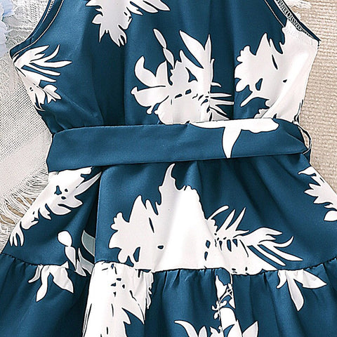 Girls' Summer Knee Length Skirt Casual Style Polyester Small Round Neck Hanging Neck Sleeveless Printed Dress Belt Comfortable