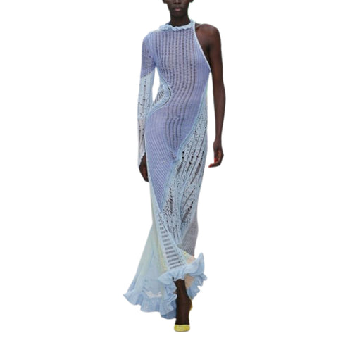 Women Long Knit Dress Contrast Color Hollow-Out See-Through One Shoulder Long Sleeve Beach Dress Bikini Cover-Ups