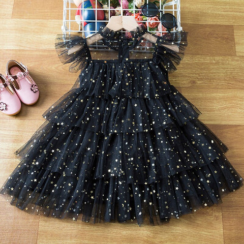 Little Girls Summer Dresses Sequins Tulle Kids Birthday Wedding Party Princess Dress 3 6 8 Yrs Elegant Children Casual Clothing