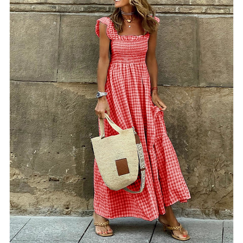 Women Boho Beach Dress Elegant Square Collar Plaid Dress Summer Casual Vintage Pleasted Dressre Y2K Cloting Sleeveles Maxi Dress