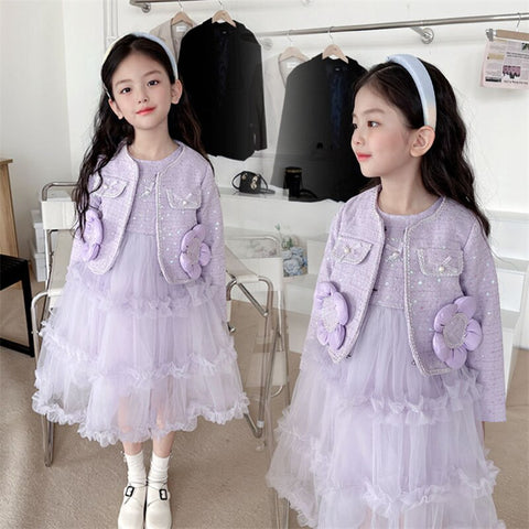 Princess Girls Clothes Set Spring Autumn Children Girls Outwear Coat +Tutu Dress 2pcs Vintage Sweet Outfits Suit for Girl 3-10y